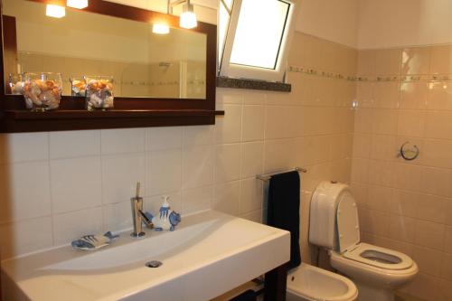 łazienka z umywalką, toaletą i lustrem w obiekcie Apartment Villa Sol II w mieście Ponta do Sol