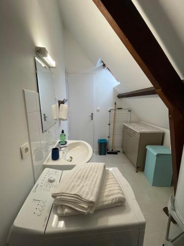 a white bathroom with a sink and a mirror at Appartement entier Centre ville in Melun