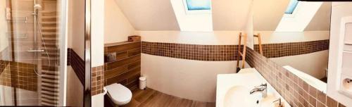 Un baño con lavabo, inodoro y ducha. en U Johanky, en Terchová