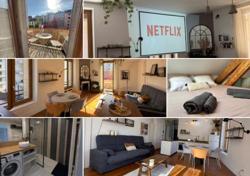 a collage of pictures of a living room and a kitchen at Duplex Loft - Central & Home Cinéma in Annecy