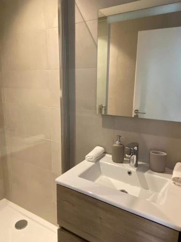 une salle de bain avec un lavabo blanc et une douche dans l'établissement VILLA ANGELUS 2 minutes de Monaco, à Beausoleil