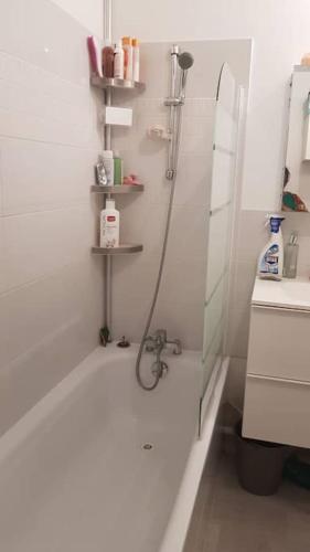 une salle de bain blanche avec une douche et un lavabo dans l'établissement Stade de France Stains New flat with car park, à Stains