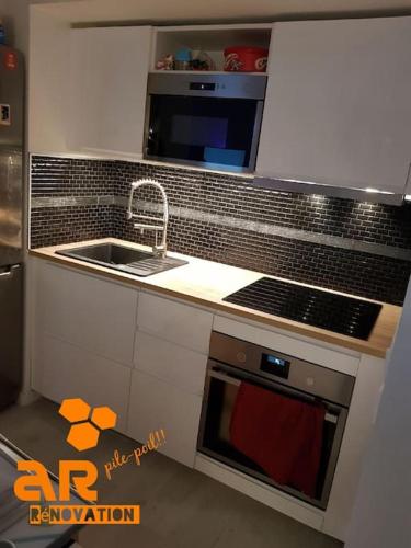 une petite cuisine avec un évier et une cuisinière dans l'établissement Stade de France Stains New flat with car park, à Stains