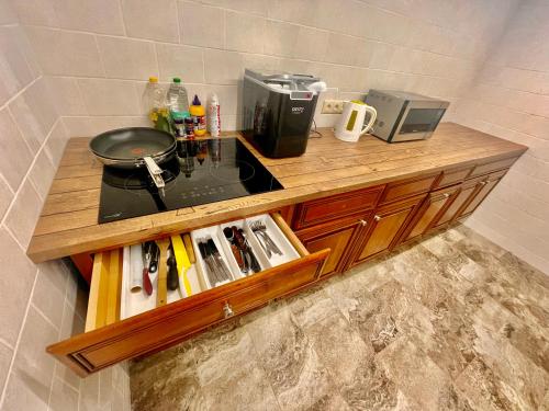 a kitchen counter with a stove and a counter top at Sodyba Mėnulio Slėnis in Padubysys