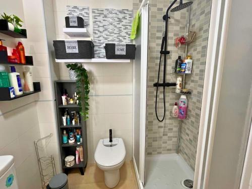 a bathroom with a shower with a toilet and a sink at Home4u Calle Barcelona in Armilla