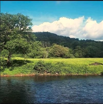 a body of water with trees and a field at Modern well kept home- Entire House in Abercynon