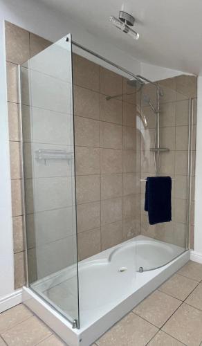 a shower with a glass enclosure in a bathroom at Tovey Lodge in Hassocks