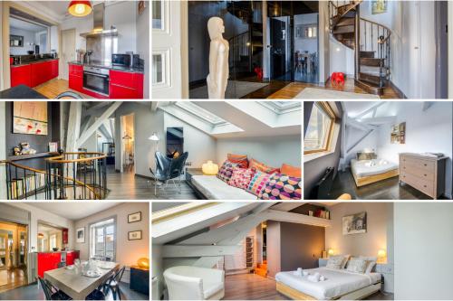 un collage de photos d'une cuisine et d'un salon dans l'établissement Duplex de 115m2 dans un bâtiment chic historique - Le Belvédère St Nicolas, à Nantes