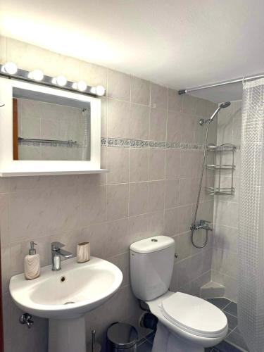 a bathroom with a toilet and a sink and a shower at AQUALIA Apartment 2 in Karpathos Town