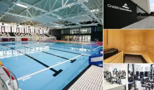 three pictures of a swimming pool in a building at Jasna - apartman studio in Pula