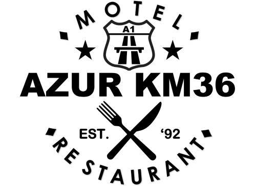 a logo for a restaurant with a knife and fork at Motel AZUR KM36 in Căscioarele
