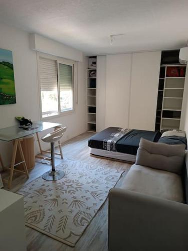 un salon avec un lit et un canapé dans l'établissement Appartement dans immeuble de Ville, à Saint-Laurent-du-Var