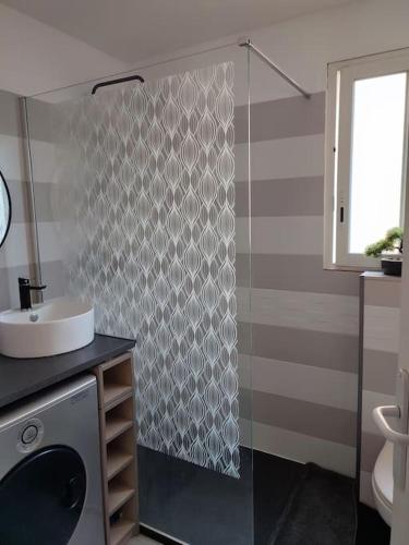 une salle de bain avec une douche avec un lavabo et un miroir dans l'établissement Appartement dans immeuble de Ville, à Saint-Laurent-du-Var