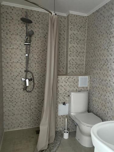 a bathroom with a shower with a toilet and a sink at Lemon in Costinesti