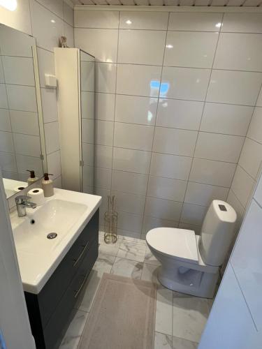 a bathroom with a toilet and a sink and a mirror at House by the ocean in Mariehamn in Mariehamn