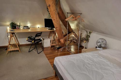 une chambre avec un lit et un bureau avec un ordinateur dans l'établissement Charming studio near city center, à Annecy