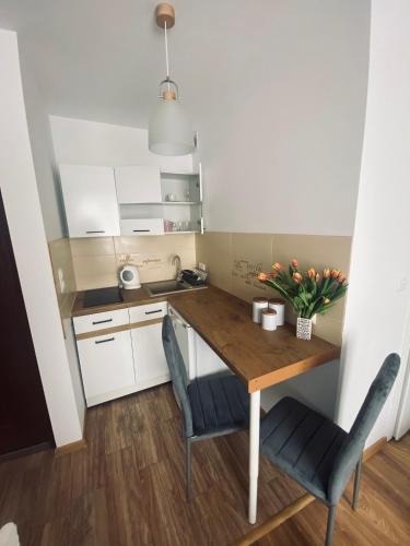 a small kitchen with a wooden table and chairs at Apartamenty Majka in Zator