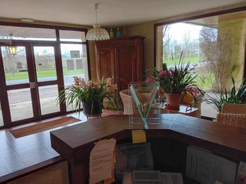 une salle à manger avec une table et des plantes en pot dans l'établissement auberge andaine, à La Ferté-Macé