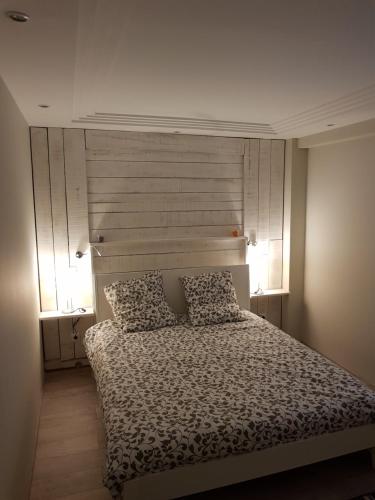 - une chambre avec un lit avec une tête de lit et deux oreillers dans l'établissement Loft centre ville Dijon, à Dijon