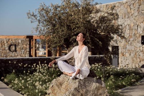 a woman sitting on top of a rock at Anemelia Hotel Mykonos in Elia Beach