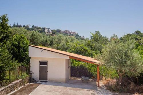 a small shed with a bench in front of a hill at guesthouseminturnoit Lucia Sparagna in Minturno