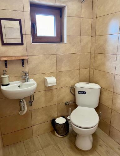 a bathroom with a toilet and a sink at Къща за гости Куклите Петревене in Petrevene