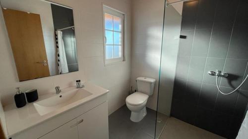 a bathroom with a toilet and a sink and a shower at The Sunset Spot in São Bartolomeu
