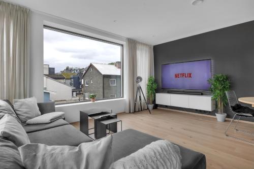 a living room with a couch and a tv at The Arctic Urban Cityscape in Tromsø