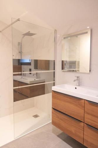 une salle de bain avec un lavabo et un miroir dans l'établissement Chalet Mont-Lac à 100m du Lac, à Gérardmer