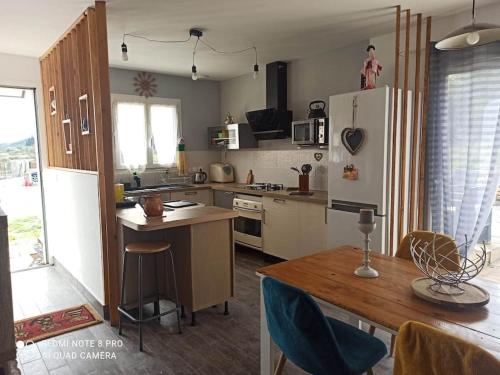 Il comprend une cuisine équipée d'un réfrigérateur et d'une table avec des chaises. dans l'établissement villa en Piémont cevenol, à Durfort-et-Saint-Martin-de-Sossenac