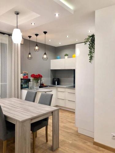 une cuisine et une salle à manger avec une table et des chaises dans l'établissement Paris cosy apartment 80m2, à Suresnes
