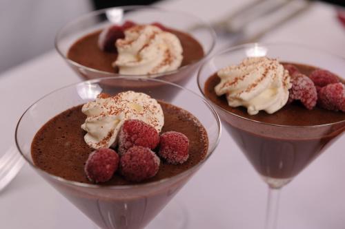 four bowls of chocolate pudding with raspberries and whipped cream at Hotel Berg in Staré Splavy