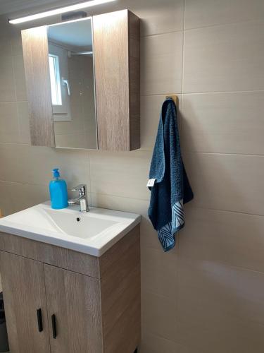 a bathroom with a sink and a mirror at Aegean House in Kymi
