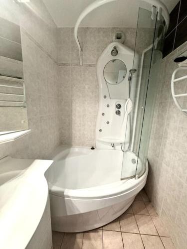 une salle de bain avec toilettes et douche en verre dans l'établissement Appartement avec 2 jardins privés, à Chilly-Mazarin
