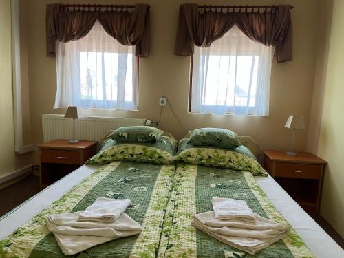 a bedroom with two beds and two windows at Flamingó Szállás in Kiskunmajsa