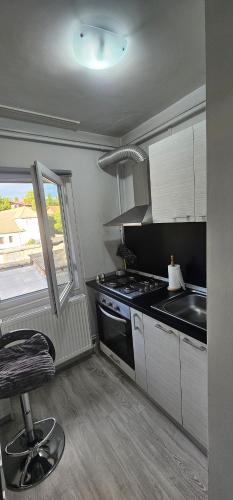 a kitchen with a stove and a sink and a window at Garsoniera DNI in Petroşani