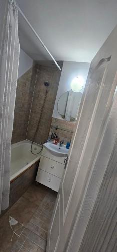 a small bathroom with a sink and a shower at Garsoniera DNI in Petroşani