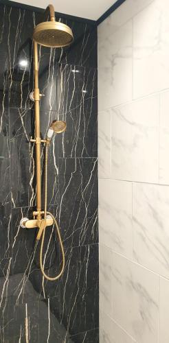 a shower in a bathroom with a black marble wall at Ets CAPMASIL - chambre 1920 in Virac