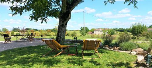 two chairs and a table under a tree at Ets CAPMASIL - chambre 1920 in Virac