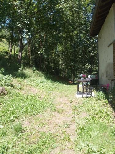 a picnic table in the grass next to a house at Aitzkorri Zegama in Arrietas