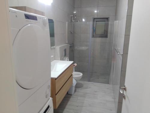 a bathroom with a shower and a sink and a toilet at Beautiful beach apartment in Ashdod