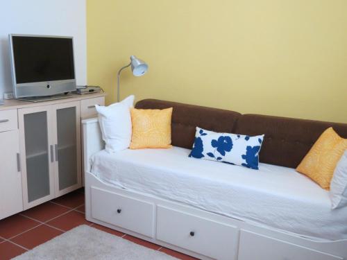 a living room with a couch with pillows and a tv at Rosa Canina W2 in Kellenhusen