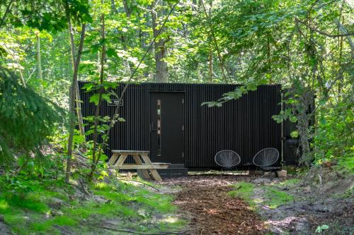 a black cabin in the woods with a wooden door at Chic Sauna Cabin Near the Sea - SULIN Cabin Nº03 in Tsitre