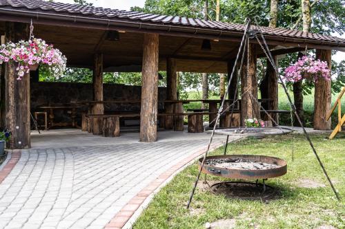 a pavilion with a swing and a fire pit at AgroGabi - Wypoczynek na Podlasiu in Burniszki
