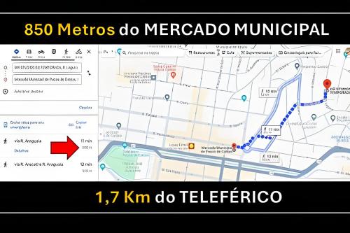 a map with a red arrow pointing to a metrometro number at Apartamento 15 - (850 mt do Centro) - 2 Banheiros in Poços de Caldas