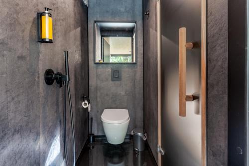 a small bathroom with a toilet and a window at Chic Sauna Cabin Near the Sea - SABIN Cabin Nº04 in Tsitre
