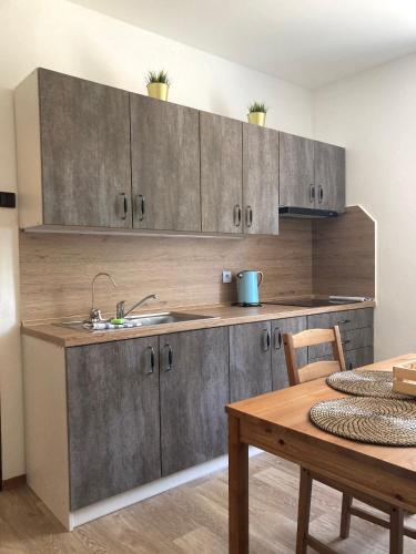 a kitchen with gray cabinets and a wooden table at Penzion Zelený Háj in Merklín