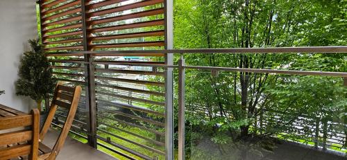 a room with a window with a view of trees at VIP Apartamenty Stara Polana 2 in Zakopane