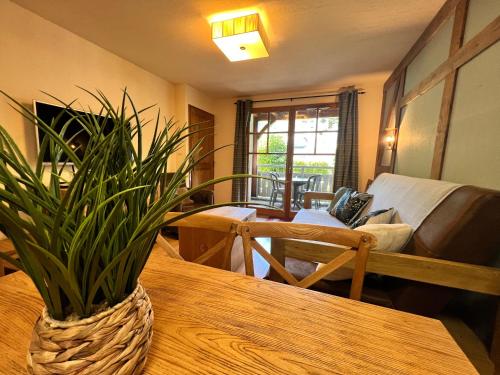 a living room with a table with a plant on it at Séjour SPA inclus au centre de St Lary in Saint-Lary-Soulan
