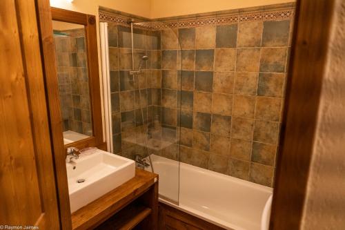 a bathroom with a sink and a tub and a shower at Séjour SPA inclus au centre de St Lary in Saint-Lary-Soulan